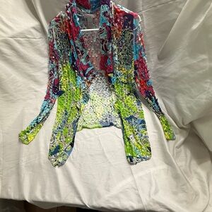 Alberto Makali Women’s Top Small Multicolor Textured Mesh Cutout Long Sleeve